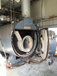 Typical high-pressure boiler opened for internal inspection.